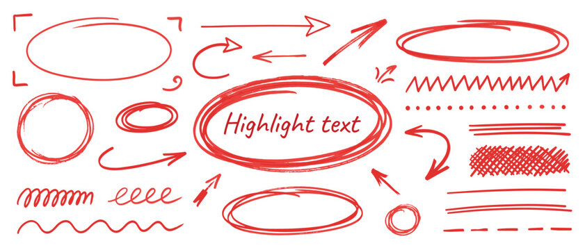 Red hand drawn highlight circle and arrow set vector with doodle underline, oval frame and annotation elements
