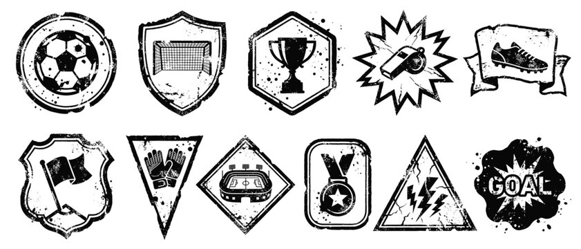 Grunge soccer badge stamp set vector with black football emblems, shield, trophy and sport label icons
