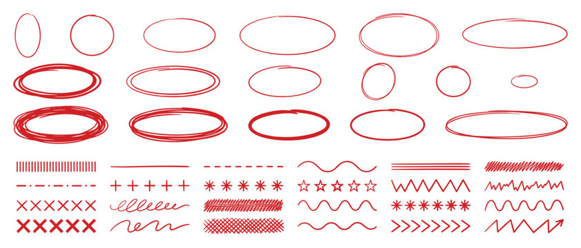 Red hand drawn circle and oval highlight set vector with underlines, arrows and marker annotation elements
