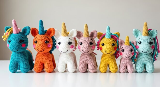 Row of colorful handmade amigurumi unicorn toys