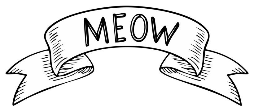 Hand Drawn Ribbon Banner with "MEOW" Text in Sketchy Style