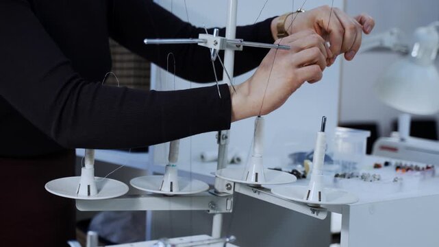 Woman's hands placing a spool of thread on a sewing machine, preparing for needlework