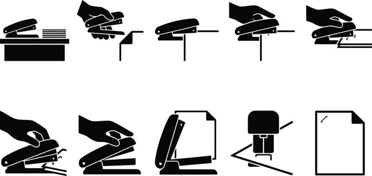 Stapler icon set with hand using office stationery, black silhouette stapling paper instructions, 10 vector elements for manual and business use