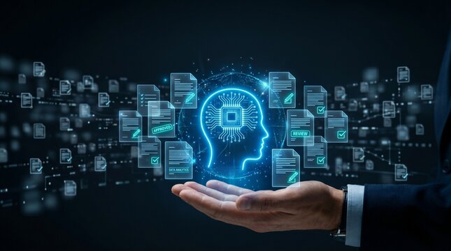 Hands Holding Transparent Interface with Glowing Profiling Brain and Document Sheets