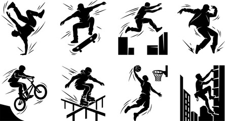 Extreme sports and urban street culture silhouettes set featuring skateboarding bmx breakdancing parkour rollerblading basketball and climbing icons © Utpal