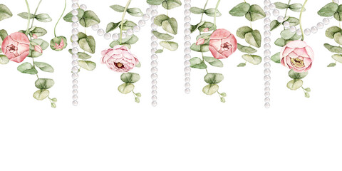 Ranunculus flowers, eucalyptus and hanging pearl strands watercolor floral border with space below for text. Suitable for wedding invitations, greeting cards, stationery,luxury event designs. © Evgeniia