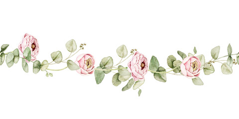Ranunculus flowers and eucalyptus branches watercolor floral seamless border. Suitable for wedding invitations, greeting cards, stationery, packaging and feminine branding projects. © Evgeniia