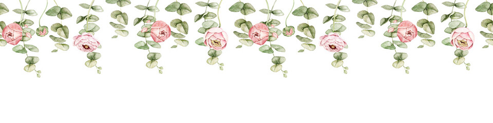 Ranunculus flowers and eucalyptus watercolor seamless floral border with repeating pattern. Suitable for wedding invitations, greeting cards, textiles, packaging and feminine branding projects. © Evgeniia