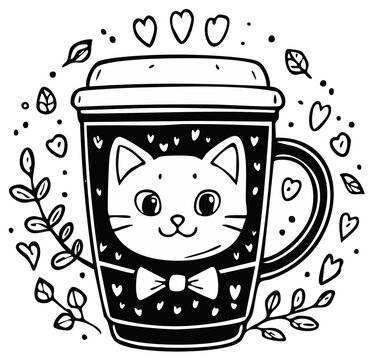 Coffee Cup Vector Illustration featuring Cat with Hearts, Leaves, and Bowtie