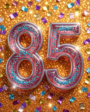 Glittery pink 85th birthday numbers with blue sparkles on gold background.