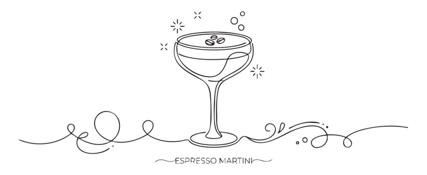 Vector line art of an espresso martini glass with coffee beans and abstract swirls, elegant cocktail menu design concept with minimalist one line drawing style