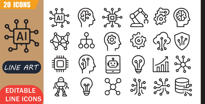 Artificial intelligence icons set, 20 editable line art icons set, ai artificialintelligence machinelearning, automation technology innovation, digital future smart, data theme style, clean vector