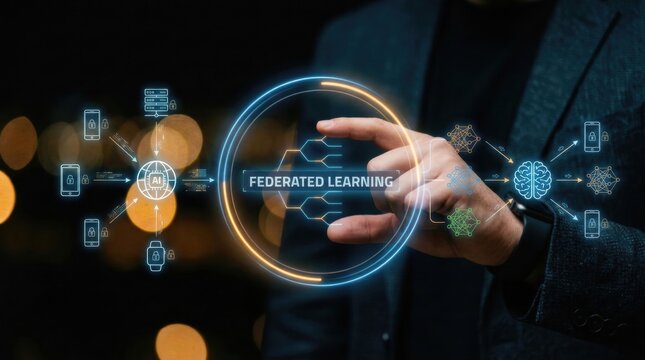 Abstract visualization of federated learning concept with interconnected nodes and glowing circuits, representing decentralized AI