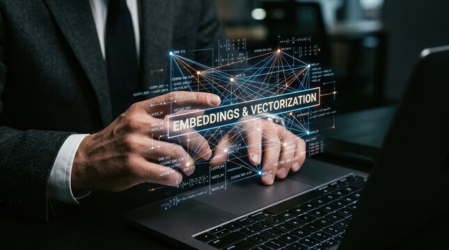 Innovative data visualization showcases complex network of embeddings and vectorization on a digital interface