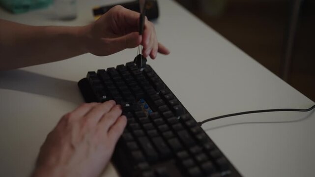 Computer specialist hands removing keycaps from mechanical keyboard using special tool for maintenance, modification, customization on clean white desk, close-up, slow motion