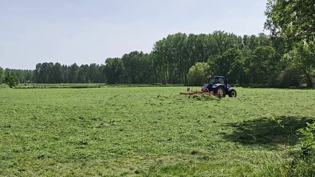 May 24, 2026, Diepenbeek. Tractor mowing grass across open agricultural field