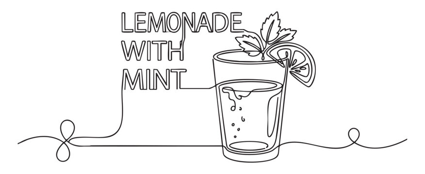 Continuous line art vector illustration of a glass of lemonade with mint for a refreshing summer beverage branding concept, featuring minimalist hand-drawn design