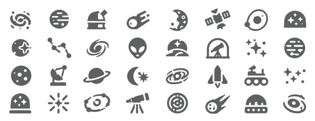 Space Exploration Icons Set – Premium Modern Vector Collection for Astronomy, Galaxy, Planetary Science, Alien Life, Rocket Launch, Telescope Observation and Cosmic Discovery © MdShah