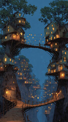 Obraz premium Fantasy village treehouse bridge lantern night cliff river forest wooden glowing fantasy village treehouse bridge lantern night cliff river forest