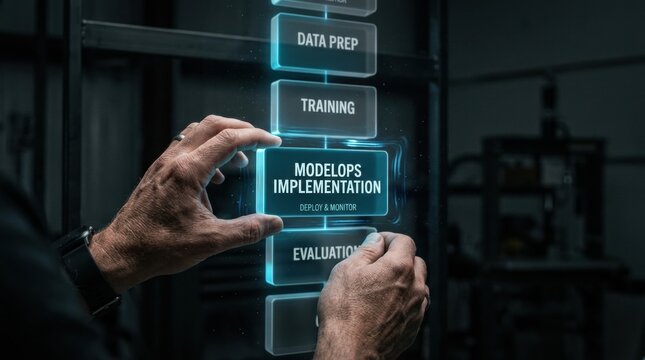 Hands adjusting a digital interface displaying the MLOps lifecycle stages including data preparation, training, implementation, and evaluation