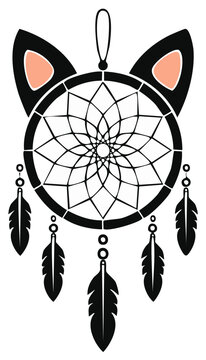 Dreamcatcher with cat ears and feathers, boho style protection amulet, spiritual art
