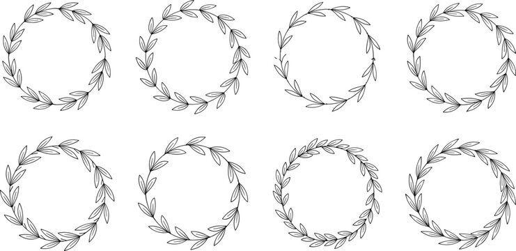 Hand Drawn Laurel Wreath Frames Set with Elegant Botanical Leaf Circle Borders for Logo Badge Wedding and Branding Design Vector Collection