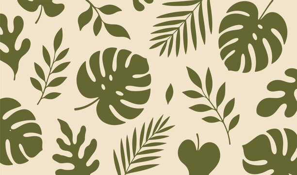 Seamless tropical pattern with monstera and palm leaves in olive green