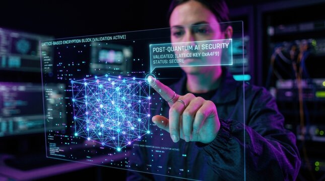 Woman interacting with a futuristic holographic display showing a quantum computing network, exploring advanced AI security concepts