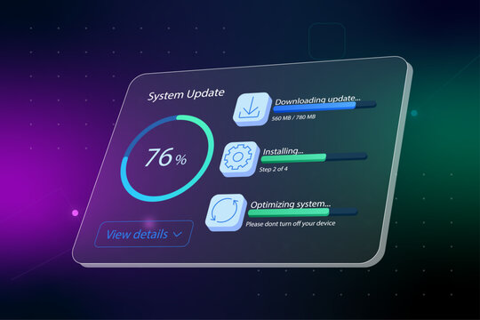 Futuristic System Update Progress Dashboard for Software Installation and Device Maintenance
