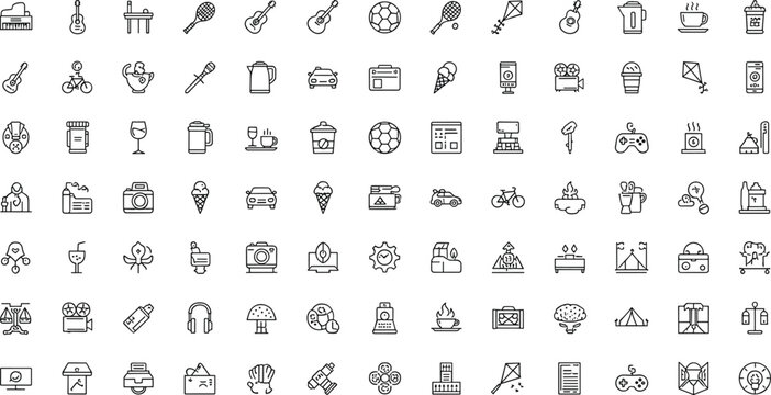 Lifestyle and Everyday Objects Thin Line Icons Set with Food Transport Technology Sports Nature and Hobby Symbols Vector Collection