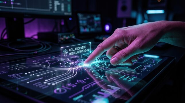 Close-up of a hand interacting with a futuristic digital interface displaying complex data and artificial intelligence concepts