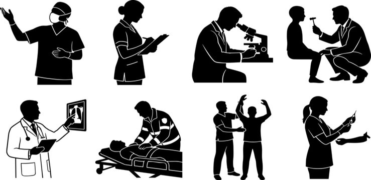 Medical staff and healthcare professionals black silhouette vector set featuring doctors nurses scientists surgeons and emergency first responders