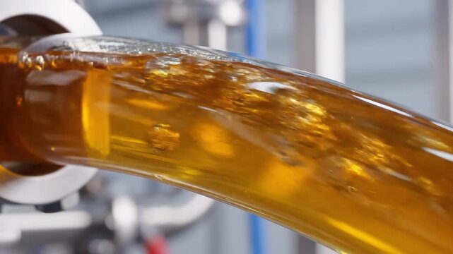 Golden oil flowing from industrial pipe with bubbles