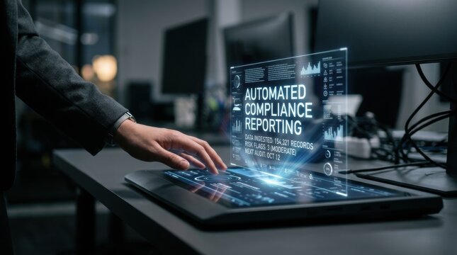Futuristic business professional interacting with a transparent holographic display showing automated compliance reporting and data analytics