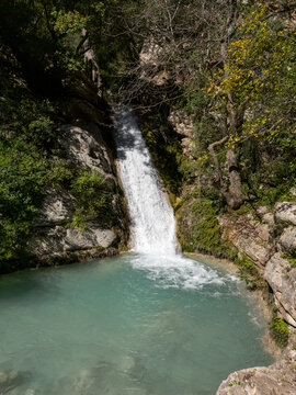 Aerial view of Neda waterfalls in Peloponnese, in Greece during sunny spring day