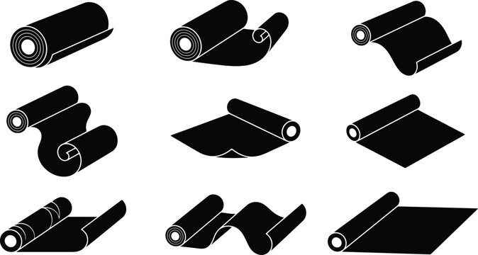 Industrial roll material icons set, black fabric and paper rolls vector collection, textile and roofing membrane silhouettes for manufacturing