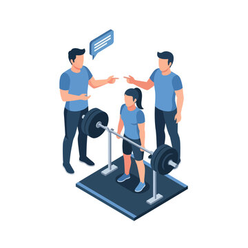 Two men helping woman with weights.