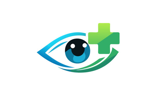 Eye care medical vector logo with blue eye, green cross and circular arrow, vision health and ophthalmology concept isolated on transparent background