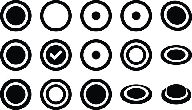 Minimalist radio button icon set, 15 black and white UI selection elements, flat vector interface components for web forms and mobile apps