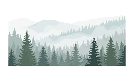 Fototapeta premium Misty Forest Landscape: Layered Pine Trees and Mountains in Hazy Blue-Green Tones
