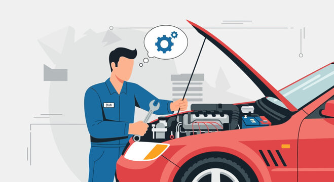 Mechanic repairs car engine with tools, gears icon in thought bubble, auto service concept