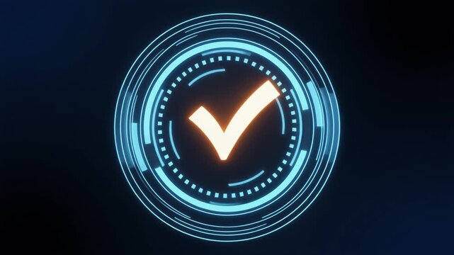 Futuristic glowing checkmark within circular interface, symbolizing validation, confirmation, and success in digital technology visualization.