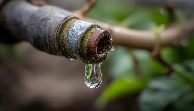 Close perspective of water droplet forming on defective farm irrigation connector stressing repair importance