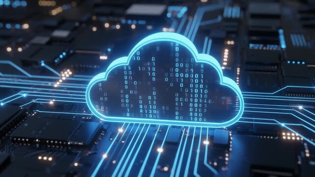 Digital cloud with illuminated circuits, symbolizing cloud computing, data storage, and futuristic network connectivity in modern technology.