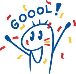 Funny simplistic vector character celebrating a Spain goal, wearing Spanish flag face paint, smiling joyfully with raised arms draw © RATOCA