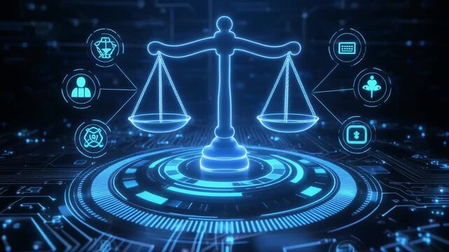Glowing digital balance scale within network sphere, symbolizing justice, fairness, and technological ethics in modern connectivity.