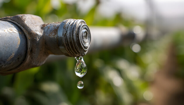 Close perspective of water droplet forming on defective farm irrigation connector stressing repair importance