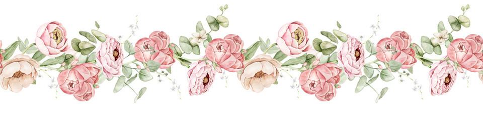 Watercolor seamless floral border with ranunculus flowers and eucalyptus greenery. Suitable for wedding invitations, greeting cards, stationery and feminine branding designs. © Evgeniia