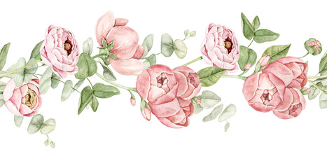 Watercolor seamless floral border with large ranunculus flowers, eucalyptus branches and soft greenery. Suitable for wedding invitations, greeting cards, stationery and feminine branding designs. © Evgeniia