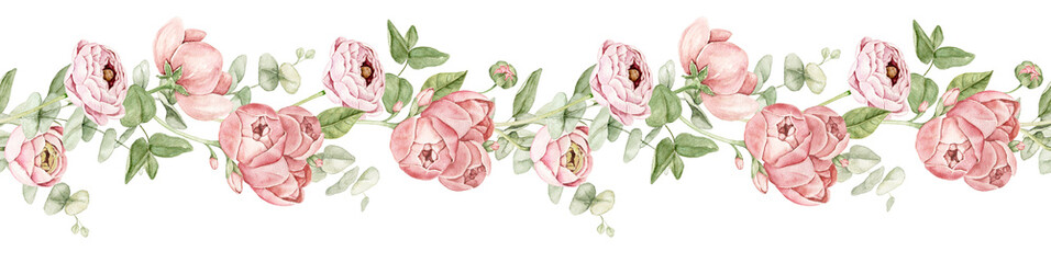 Watercolor seamless floral border with ranunculus flowers, eucalyptus branches and delicate greenery. Suitable for wedding invitations, greeting cards, stationery, textiles and wrapping paper designs. © Evgeniia